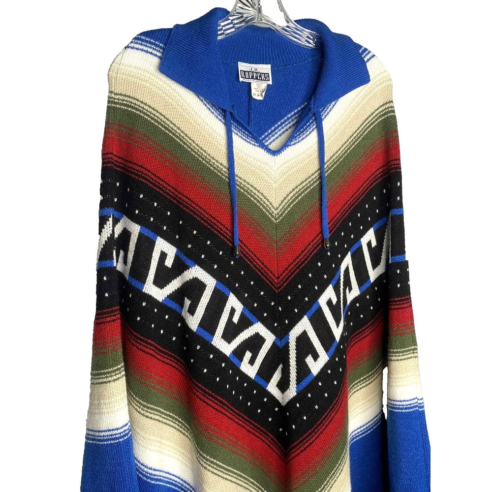 Vintage JR Rappers Knit Poncho ONE SIZE serape Fringe bohemian tribal southwest - Picture 2 of 7